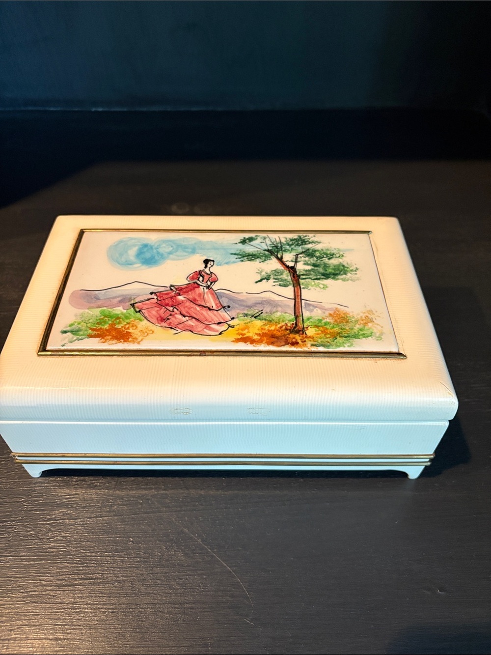 Vintage White Decorative Trinket Box with Hand-Painted Scene